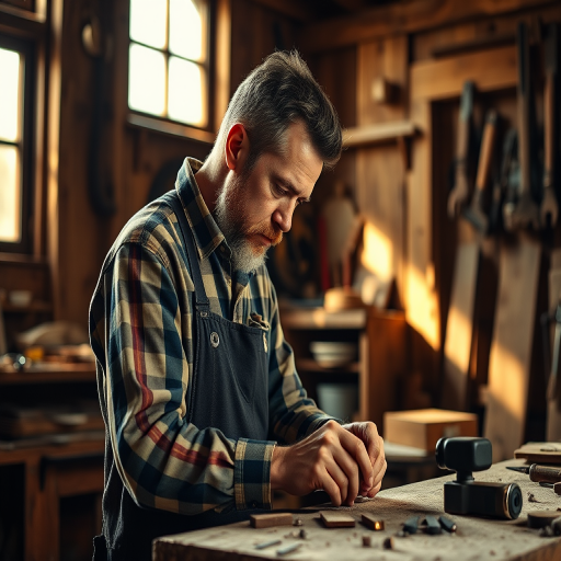 A skilled carpenter focused on his work in a rustic workshop, warm light streaming through a window, capturing the texture of wood and tools, with a Canon EOS 5D Mark IV, 50mm f/1.8 lens, ISO 200, aperture f/2.8, and a soft, natural lighting style.