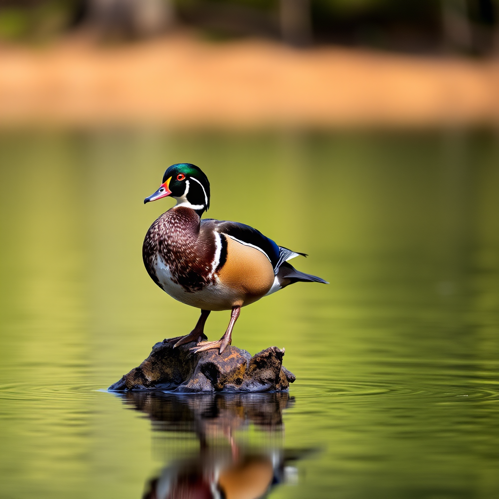 Generate an image of a wood duck standing on a log in calm water, using a DSLR camera with a 200mm lens, aperture f/4, ISO 100, and a shallow depth of field to blur the background, captured at eye level with natural lighting.