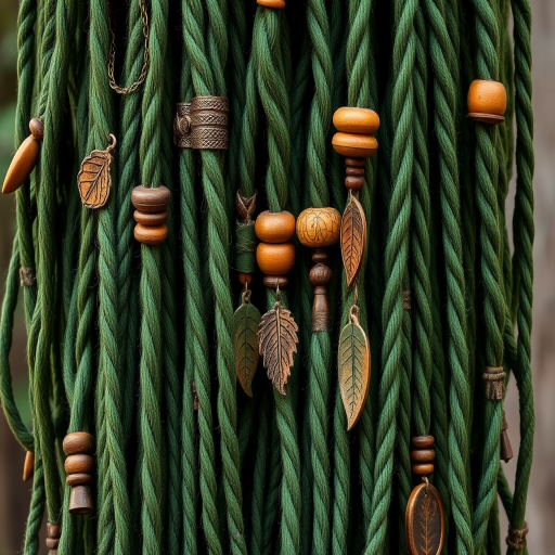 Enchanting forest green dreadlocks adorned with wooden beads and leaf-shaped charms, Sylvan's hair embodies nature's beauty, with thick rope-like strands falling to the waist in an organic arrangement