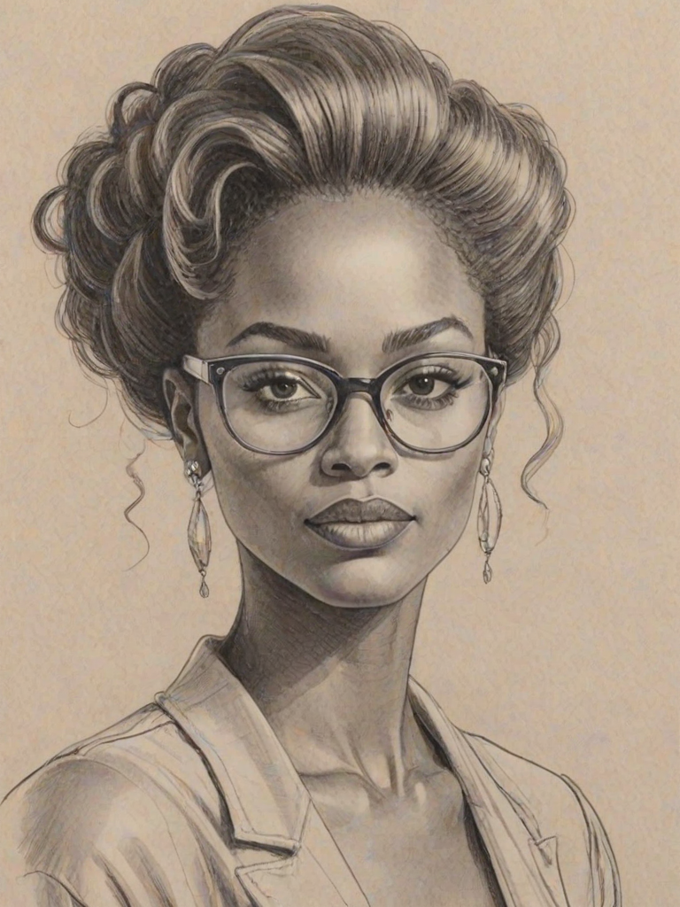 Comely Zuri Hall, pencil sketch, portrait of Dazzling woman 1980s in glasses, hair style beatnik, outline, clear lines, fine lines, 8k