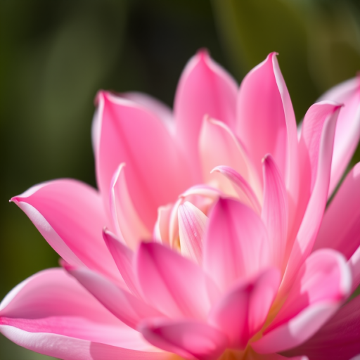 Close-up of a delicate flower with pink and white petals, natural light, 50mm lens, f/2.8 aperture, ISO 100, shallow depth of field, soft bokeh background, DSLR camera.