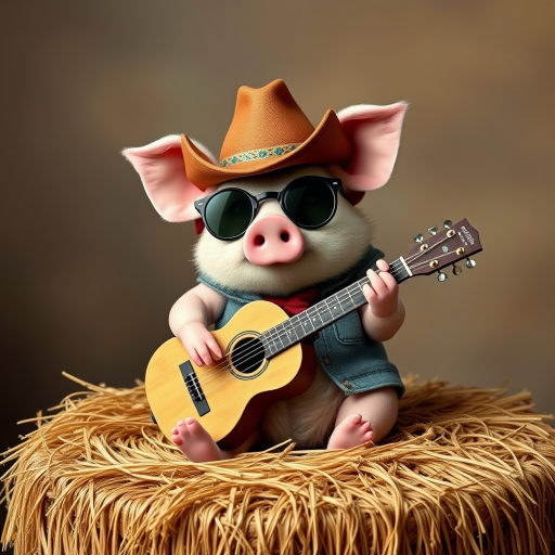 A chibi pig, dressed as a cowboy, playing guitar, sitting on a hay bale
