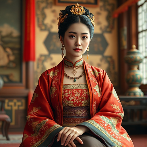 A beautiful Circassian woman in traditional East Asian attire, intricately detailed with embroidered patterns, sitting gracefully in a richly decorated room, soft ambient lighting, serene and elegant, ultra-realistic, 8K resolution