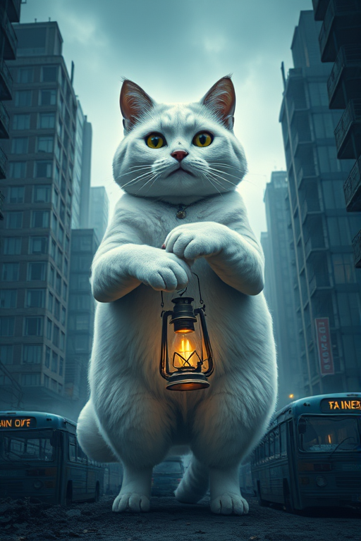 A giant white cat holding a lantern in a post-apocalyptic cityscape with crumbling buildings and abandoned buses, using a Canon EOS R5 camera at f/1.8, 35mm lens, ISO 100, 1/200s, low-angle view with dramatic lighting and a cinematic style.