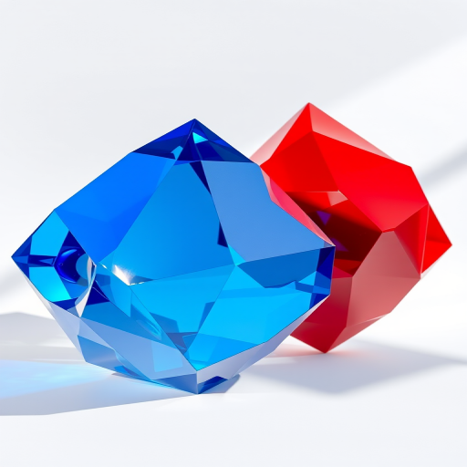 generate a high-resolution image of two abstract geometric sculptures, one blue and one red, with sharp facets and a glossy finish, against a white background, captured with a Canon EOS 5D Mark IV, 50mm lens, f/8 aperture, ISO 100, shot at eye level with natural lighting to enhance shadows and reflections