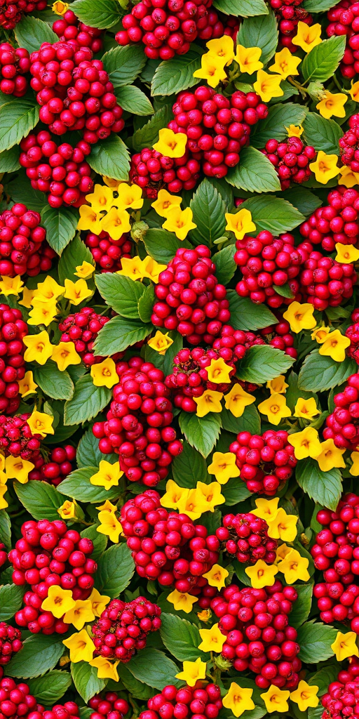Create a vibrant floral pattern featuring clusters of red berries and yellow flowers with green leaves, captured with a Canon EOS 5D Mark IV, 50mm lens, f/2.8 aperture, ISO 100, in natural light for enhanced color saturation and detail.