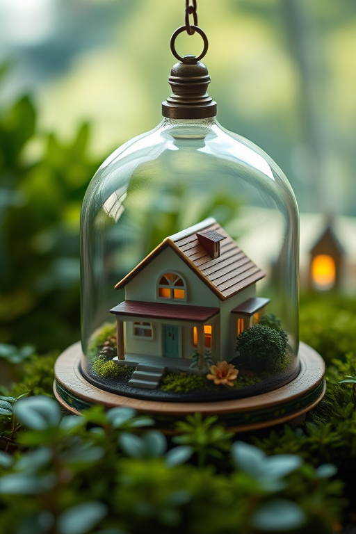 Create a highly detailed scene of a miniature house inside a glass dome, surrounded by lush greenery and soft lighting, shot with a DSLR camera at f/2.8 aperture, 50mm lens, ISO 100, and a shallow depth of field to enhance the dreamy atmosphere.