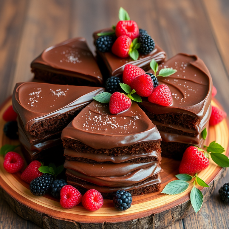Chocolate layer cakes with rich frosting arranged on a wooden platter garnished with fresh berries and green foliage