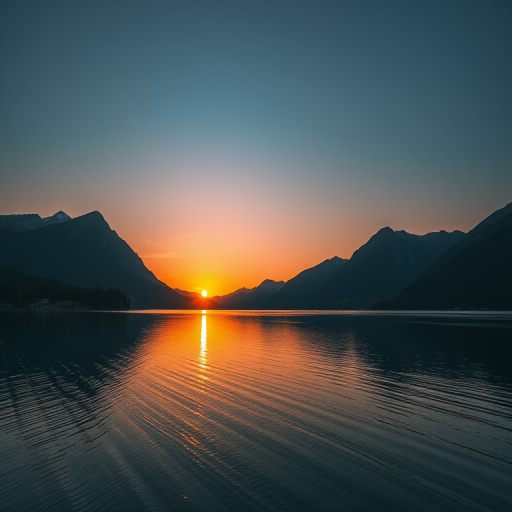 Create a high-resolution image of a serene landscape featuring a sunset over a calm lake surrounded by mountains, using a DSLR camera, 50mm lens, f/4 aperture, ISO 100, 1/125s shutter speed, with a wide-angle view to capture the reflections in the water.