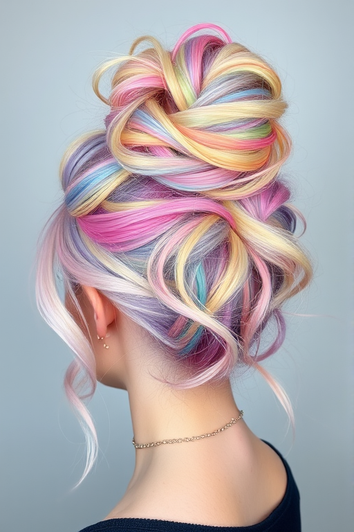 Whimsical pastel rainbow unicorn hair styled in a high messy bun with wispy tendrils, showcasing a kaleidoscope of soft hues blending seamlessly