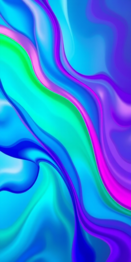 Create an abstract image featuring dynamic flowing colors in vibrant hues of blue, green, pink, and purple, using a DSLR camera with a 50mm lens, aperture f/1.8, ISO 100, and a soft focus technique to enhance the luminosity and texture of the colors.
