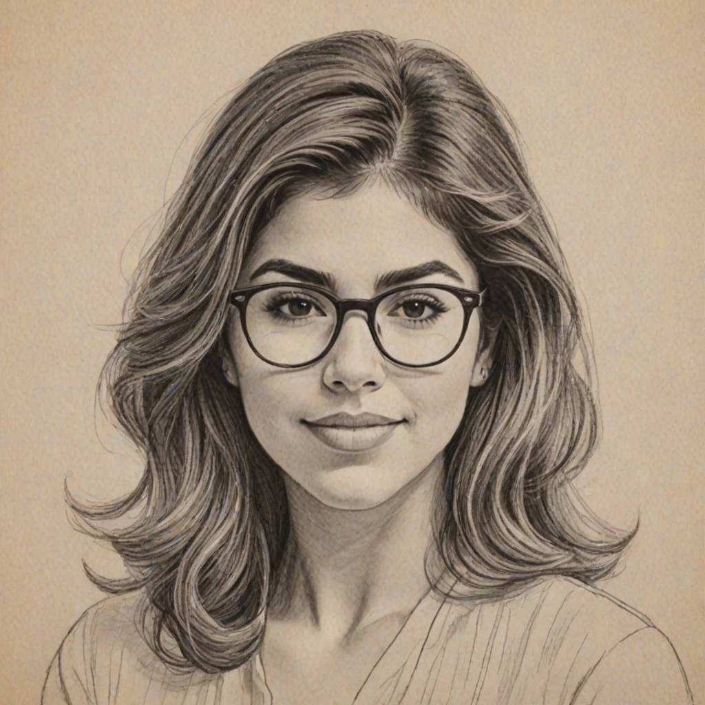 Lovely Daniella Monet, pencil sketch, portrait of Enticing woman 1957s in glasses, hair style beatnik, outline, clear lines, fine lines, 8k