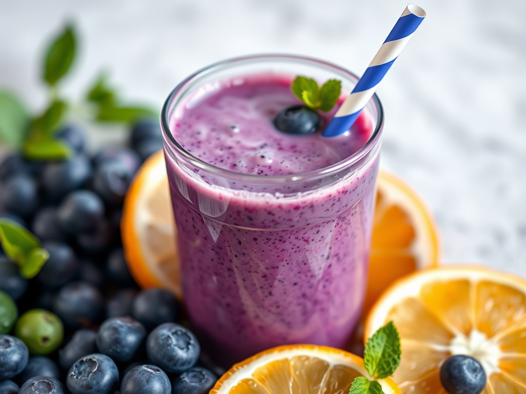 highly detailed close-up of a vibrant purple smoothie in a clear cup with a straw, surrounded by fresh blueberries and citrus fruits, soft natural lighting, aperture f/2.8, shutter speed 1/60s, ISO 200, DSLR camera