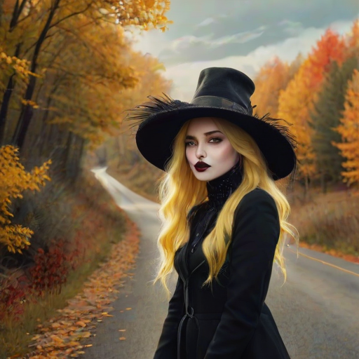 digital art fantasy depicting a strange girl with Yellow hair, long eyelashes, black lipstick and a tall hat walking along a winding road on an autumn afternoon, an Puma smiles as she passes