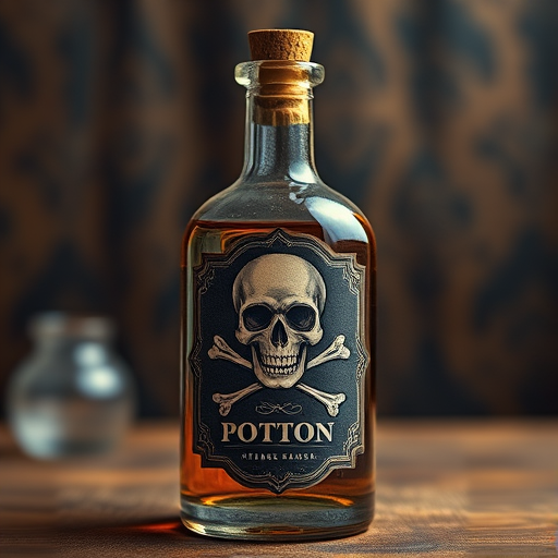 Generate a highly detailed illustration of a vintage potion bottle with a skull and crossbones label, using a DSLR camera, f/2.8 aperture, 50mm lens, 1/60 shutter speed, and a soft focus background to enhance depth.