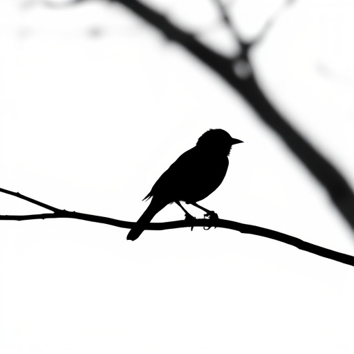 Generate a high-resolution image of a minimalistic black bird silhouette perched on a branch against a white background using a Canon EOS 5D Mark IV, 50mm lens, f/1.8 aperture, ISO 100, soft natural lighting, and shallow depth of field.