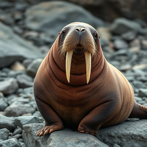 Create a high-resolution image of a walrus sitting on a rocky surface, camera settings: f/8, ISO 100, shutter speed 1/250s, camera view: close-up, camera style: natural lighting, camera type: digital SLR.