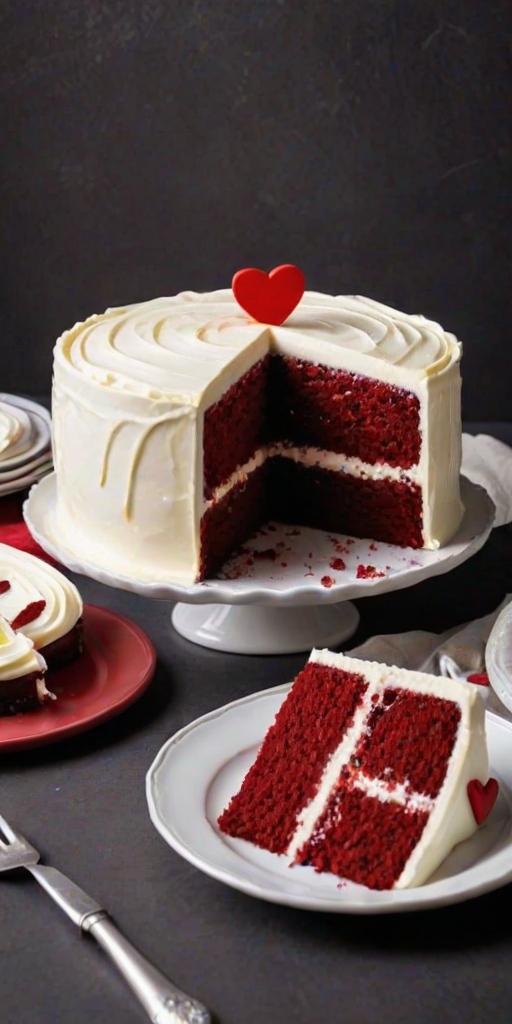 Create an image of a red velvet cake with cream cheese frosting. The cake should have a smooth white exterior decorated with small red heart shapes. Show a slice being removed to reveal the rich red interior, and include a simple cake stand in the background.