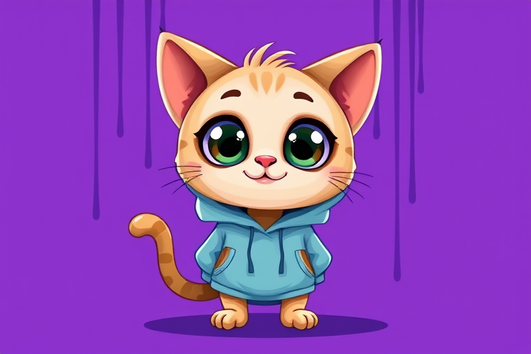 Create an adorable cartoon cat character with large expressive eyes, wearing a light blue hoodie, standing in a whimsical dripping paint style, set against a vibrant purple background, captured with a Canon EOS R5, 50mm lens, f/1.8 aperture, ISO 100, in a bright and colorful vector art style.