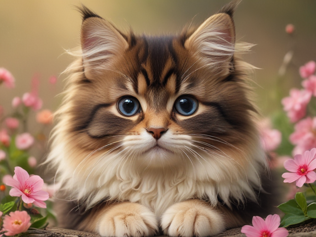 Adorable Fluffy Kitten Surrounded by Beautiful Pink Flowers in Nature