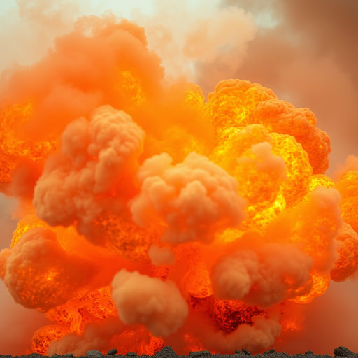 Create a high-resolution image of an intense explosion with vivid orange and yellow flames and smoke, using a DSLR camera with a 50mm lens, f/8 aperture, ISO 100, and a dynamic angle to capture the chaotic energy of the fire.