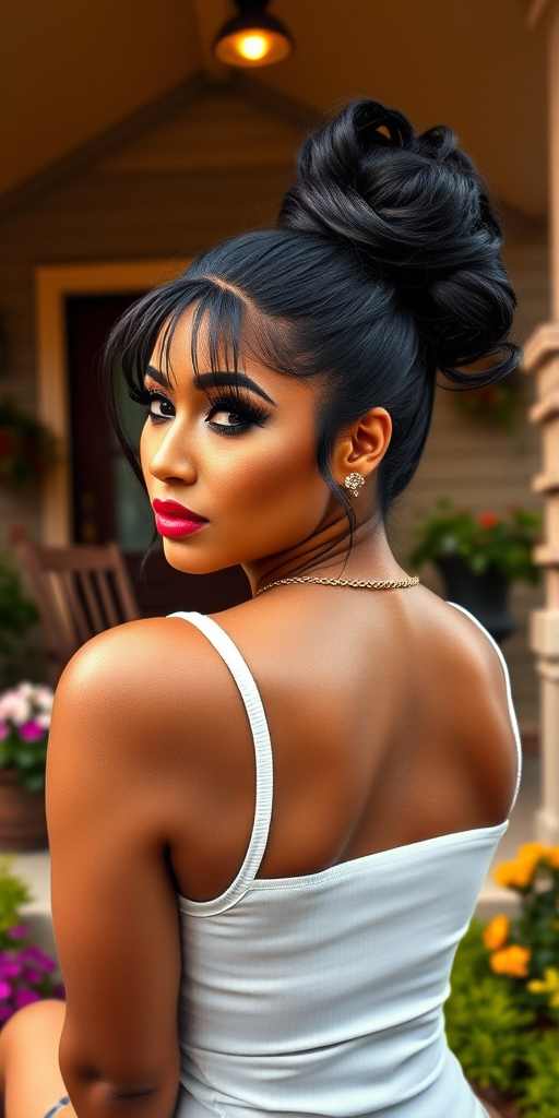 A photo of Nicki Minaj with a background of a cozy porch. She has dark hair pulled back in an updo, with tendrils framing her face. She wears a white tank top and sits on the porch. The porch is part of a well-lit home with a warm, earthy tone and colorful flowers and foliage. The overall scene has a warm, welcoming, and comfortable ambiance.