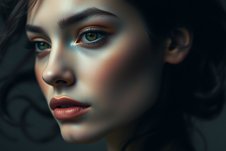 Generate a high-resolution image of an abstract portrait with fluid shapes and dark gradients, using a DSLR camera, 50mm lens, f/1.8 aperture, ISO 200, and a soft focus effect for enhanced details.