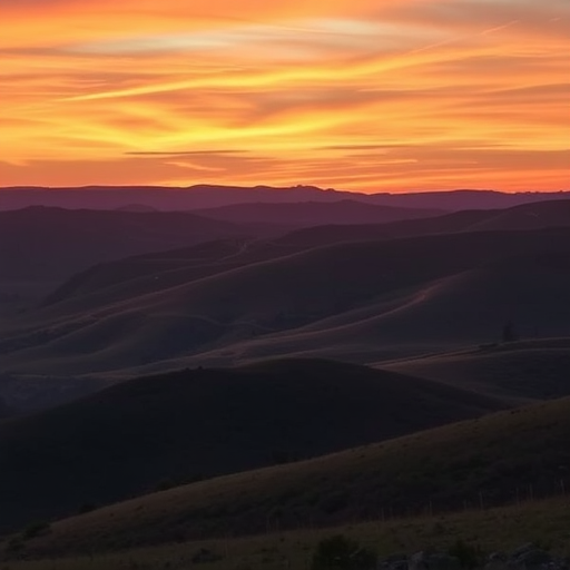 Generate a high-resolution image of a serene landscape with rolling hills and a vibrant sunset sky, captured with a Canon EOS R5, 24mm lens, aperture f/8, ISO 100, at golden hour, using a wide-angle perspective.