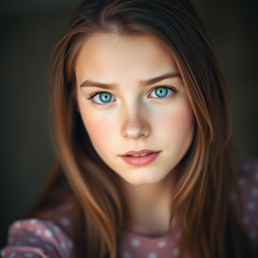 A portrait of a young woman with striking blue eyes, softly illuminated with a dreamlike background in warm tones, captured with a DSLR camera at f/2.8 aperture, ISO 100, 50mm lens, portrait mode, natural light.