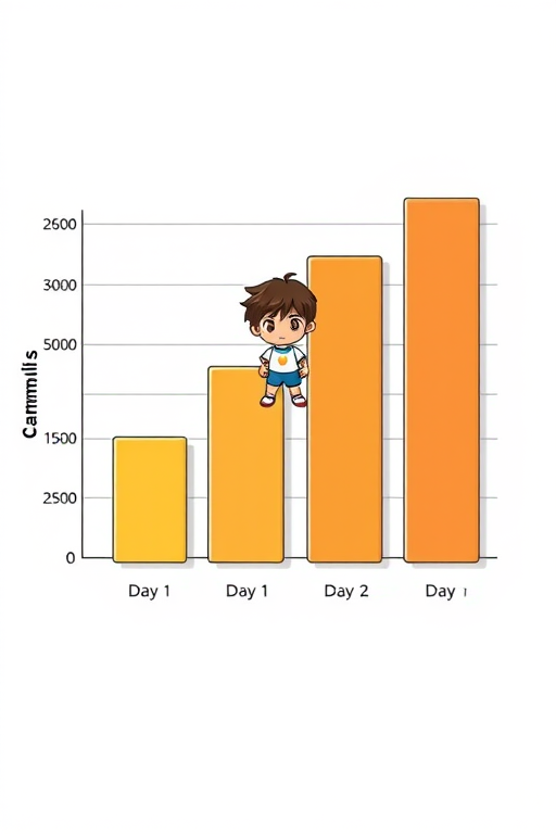 Create a vector style illustration of a bar graph showing a character's growth over time with four bars labeled Day 1, Day 2, Day 3, and Day n, featuring a central character in varying heights, use a clean background, set the camera to 50mm focal length, aperture f/4, and ISO 100 for clarity, using a top-down view to emphasize the graph.