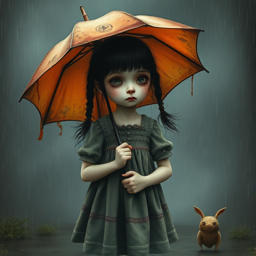 An eerie, weird little girl with dark hair in thin pigtails, wearing a smock dress, standing in the rain, holding a dirty orange umbrella, a small, odd creature beside her. In a surreal style inspired by Nicoletta Ceccoli and Brian Froud. Dark fantasy themes