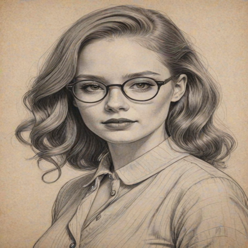 Charming Madelaine Petsch, pencil sketch, portrait of Charming woman 1922s in glasses, hair style beatnik, outline, clear lines, fine lines, 8k