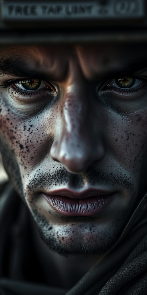Close-up portrait of a soldier with dirt on the face, intense expression, dramatic lighting, shallow depth of field, 50mm lens, f/1.8 aperture, ISO 200, natural light, monochrome, high contrast, cinematic style, DSLR camera.