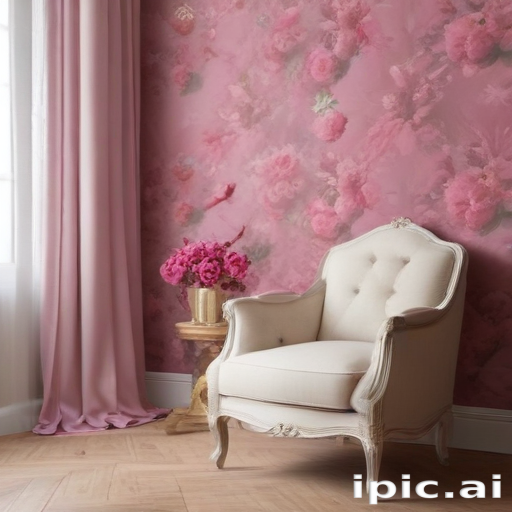 Elegant Vintage Armchair Against a Soft Pink Floral Wallpaper Background