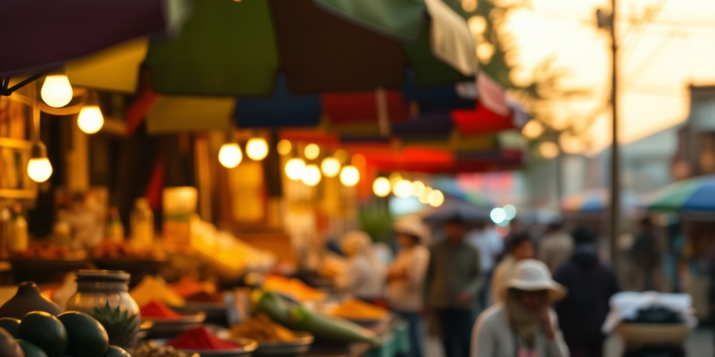 Blurry, grainy shot of a bustling street market at dusk, soft golden light reflecting off colorful umbrellas, with distant vendors selling spices, fruits, and hand-crafted items.