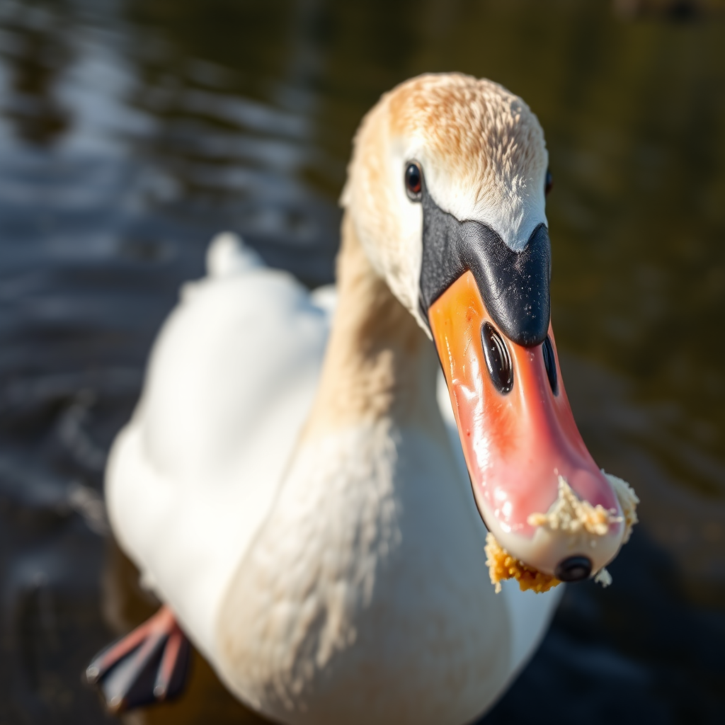 Regenerate a close-up shot of a swan with a piece of food in its beak, captured from a low angle to highlight the details, using a DSLR camera with a 50mm lens, aperture set to f/2.8 for shallow depth of field, ISO 200 for clarity, and a shutter speed of 1/500 seconds to freeze motion.