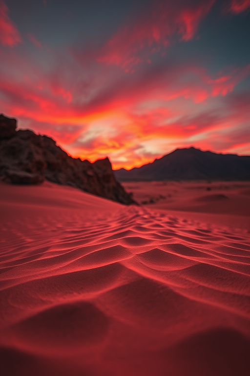 scenery, sand, rock, sky, red colors, depth of field, highly detailed, cinematic lighting, aesthetic
