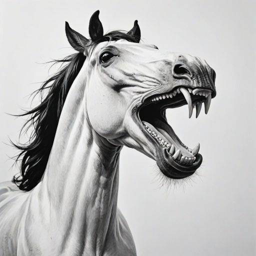 Abstract black and white acrylic portrait of an over exaggerated laughing (horse). Minimalism style. White background.