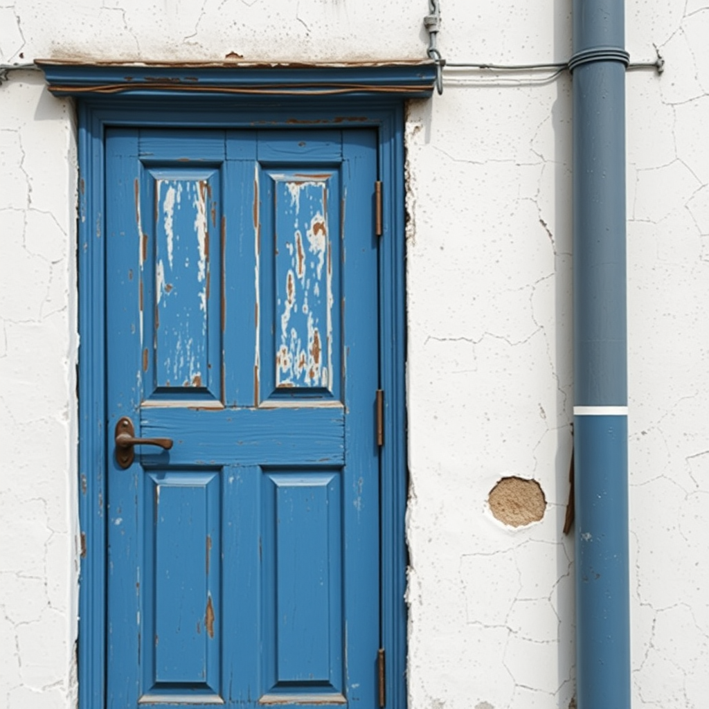 A weathered blue door on a cracked white wall with peeling paint, capturing the essence of rustic charm, taken with a DSLR camera at f/8 aperture, ISO 200, 1/60s shutter speed, in natural light, with a wide-angle lens from an eye-level perspective.