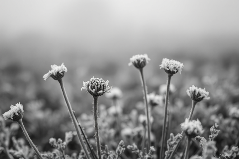 A close-up of frost-covered flowers in a foggy landscape, captured with a Canon EOS R5, 50mm lens, f/2.8 aperture, ISO 200, 1/200 sec shutter speed, in black and white with soft focus background for depth.