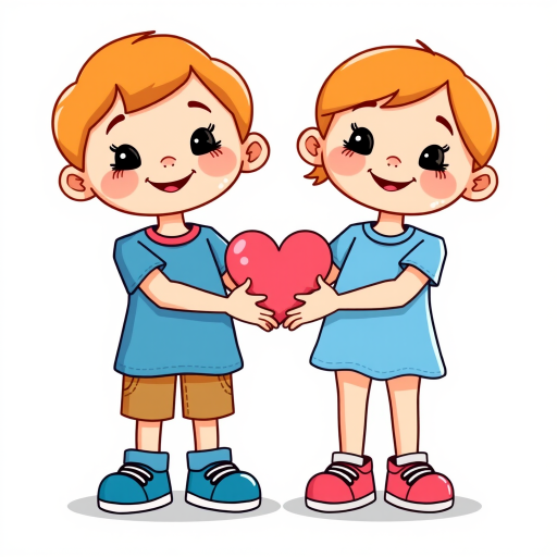 Create a high-quality illustration of two cartoon children holding hands with a heart symbol between them, using a Canon EOS 5D Mark IV, f/2.8 aperture, ISO 100, 50mm lens, front view, in a whimsical style with vibrant colors and smooth lines.