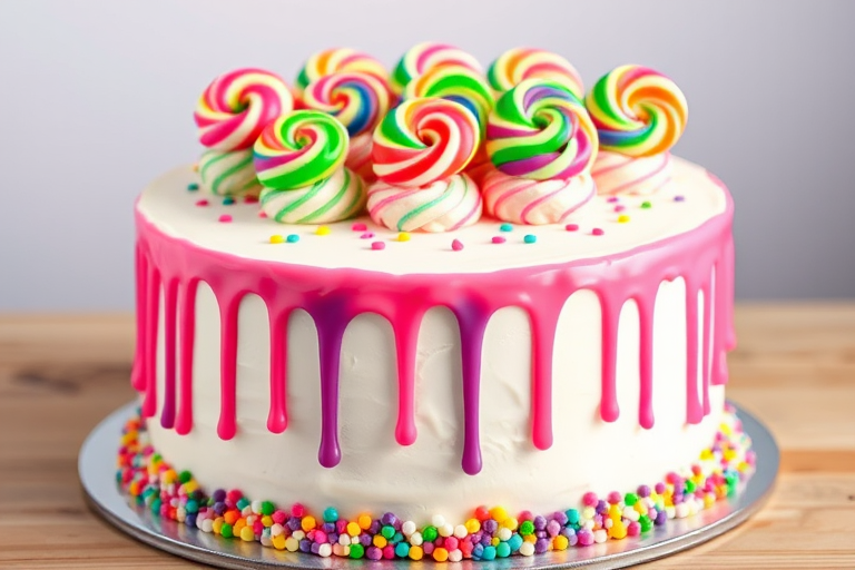 Create a colorful birthday cake with a smooth white frosting covered in vibrant dripping icing in shades of pink, purple, and green. Top the cake with various swirled lollipops in bright colors and add a sprinkle border around the base.