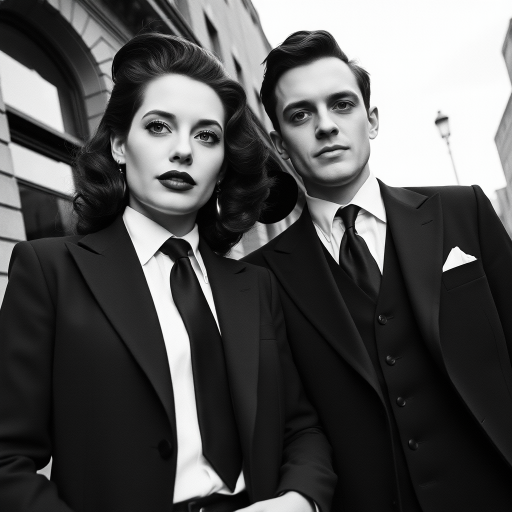 Black-and-white photograph, couple, tailored suits, retro hairstyles, film noir style, Tilt the camera for a dynamic Dutch angle using a versatile 24-70mm lens
