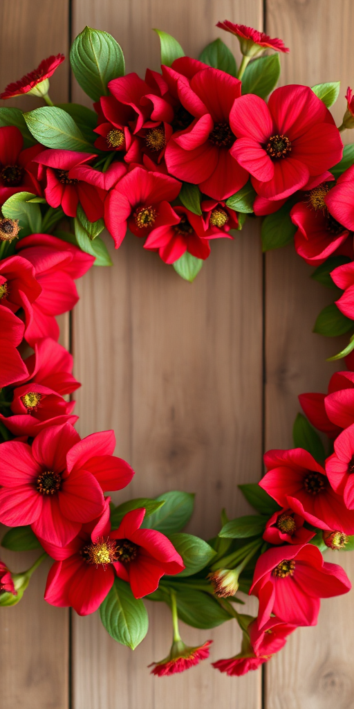 create a heart-shaped floral wreath with vibrant red flowers and green leaves, captured with a DSLR camera, 35mm lens, f/2.8 aperture, 1/200s shutter speed, and natural light for enhanced detail and clarity