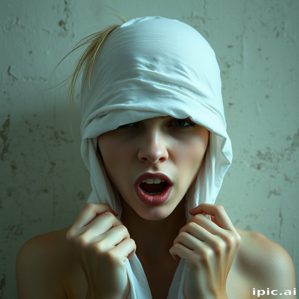 Create a close-up photographic image of the head and torso of a person with light skin tones shown against an old, worn wall. Their head is wrapped in a white cloth covering (i.e.... parts of the head except the nose and mouth, which are open as if they are screaming...), with a slight texture and visible folds in the fabric. Thin strands of blonde hair escape from the wrapping above, falling lightly at the top and sides. Their hands hold the fabric as if they are tugging nervously. The lighting is dramatic and even, casting strong shadows. The image has a minimalist and surreal style with an emphasis on simplicity with soft color tones. The composition is centered.