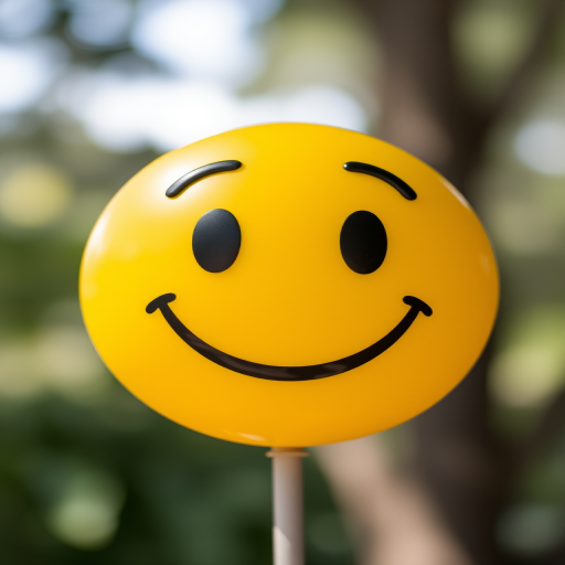 Create a high-resolution image of a yellow smiley face with a neutral expression, using a 50mm lens, f/2.8 aperture, ISO 100, and a soft focus background, shot in natural light with a digital SLR camera.