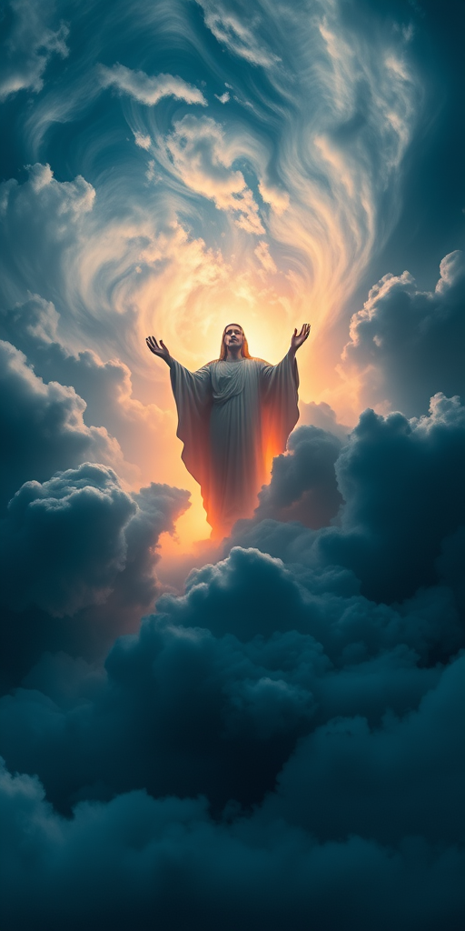 Create a powerful divine figure emerging from swirling clouds, dramatic lighting, high contrast, shot with a Canon EOS R5, 24mm lens, f/2.8 aperture, ISO 100, at sunset to enhance colors and textures.