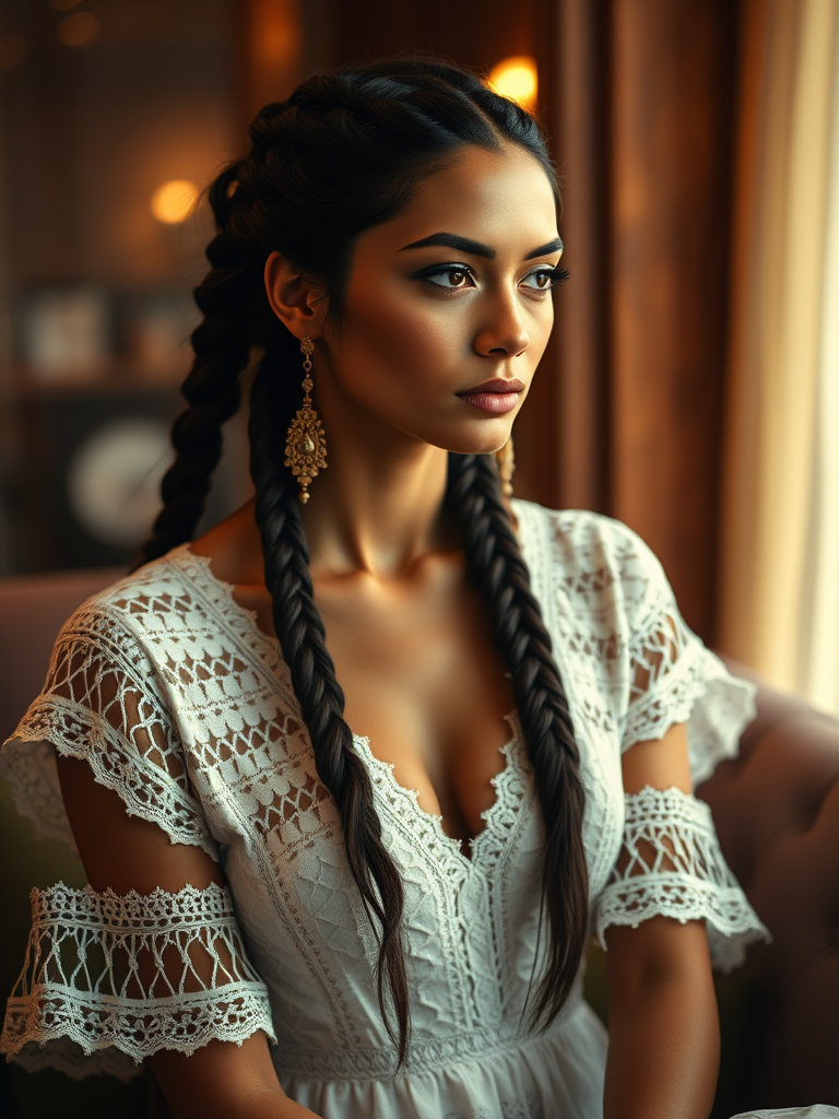 Create a portrait of a refined and elegant Native American woman seated in a sophisticated setting. She has long, wavy hair styled in two thick braids that are pulled over her shoulders. She wears a white, lace gown with intricate patterns, featuring a deep V-neckline and short sleeves. The dress exudes a vintage charm with its delicate lacework. She is adorned with ornate, dangling earrings that add a touch of glamour to her appearance. The background is softly lit, with warm, ambient lighting that creates a cozy and inviting atmosphere. Her expression is poised and serene, capturing a sense of grace and elegance.