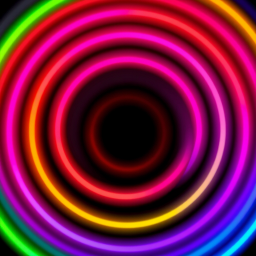Create a vibrant neon circle pattern with concentric rings in pink, orange, yellow, green, blue, and purple against a black background, using a DSLR camera with a 50mm lens, aperture set to f/1.8, ISO 100, shot in macro mode for enhanced details and clarity, with soft-focused edges for a dreamy effect.