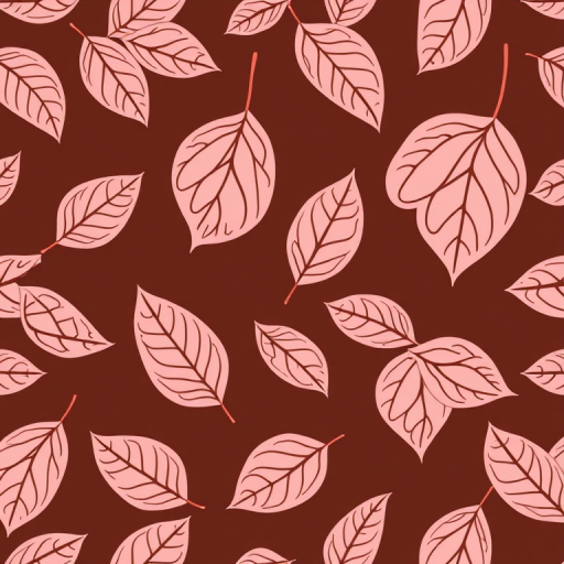 Generate a seamless pattern of stylized leaves with intricate line work in soft pink and coral tones on a chocolate brown background using a Canon EOS R5, f/5.6 aperture, ISO 100, 50mm lens, shot from a top-down view in natural light to enhance details and color depth.
